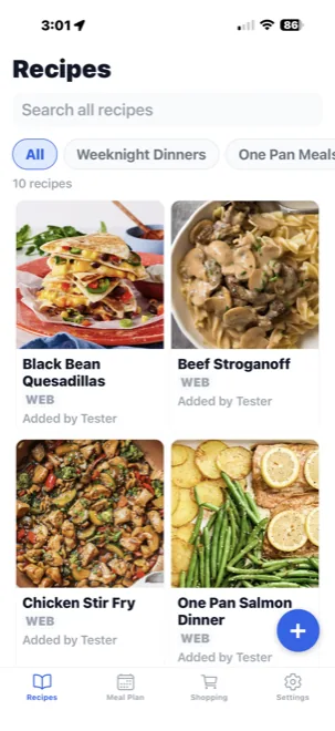 MyMealTicket recipe collection home screen organized by category