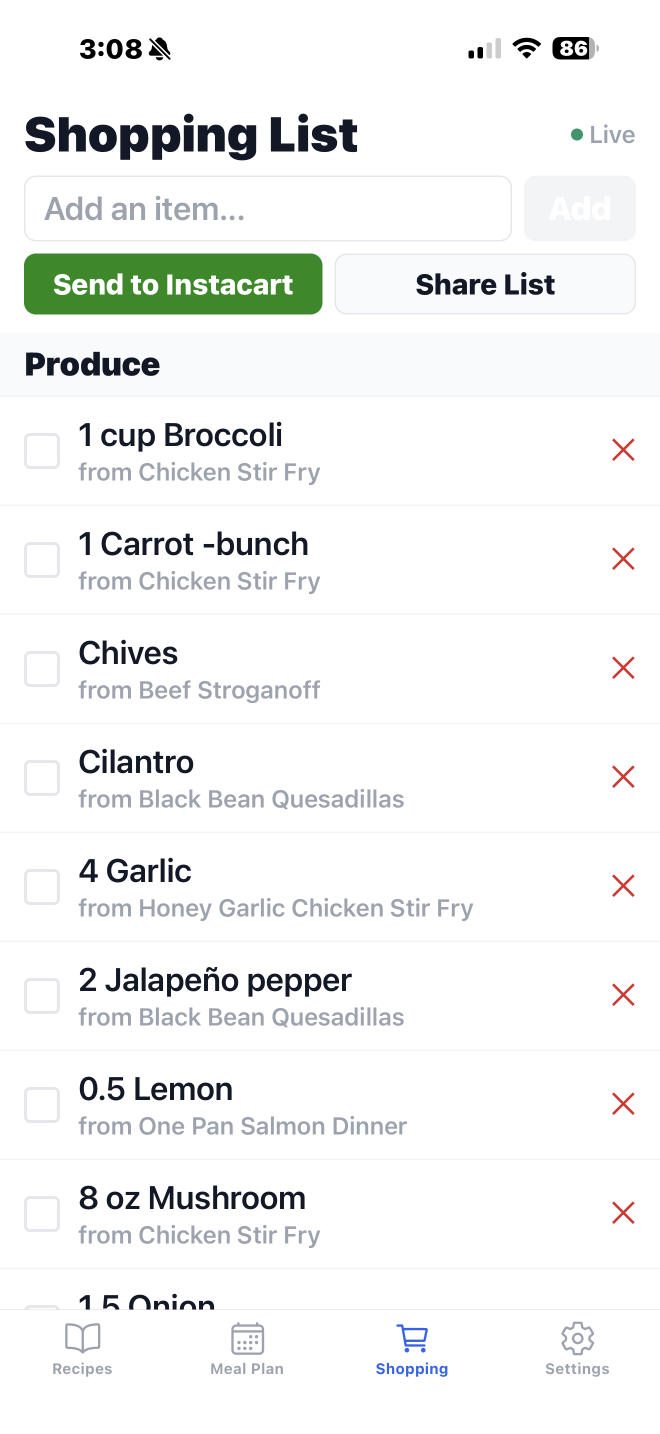 Smart shopping list with Send to Instacart