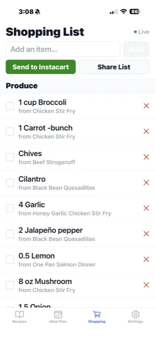 Real-time shared shopping list organized by aisle